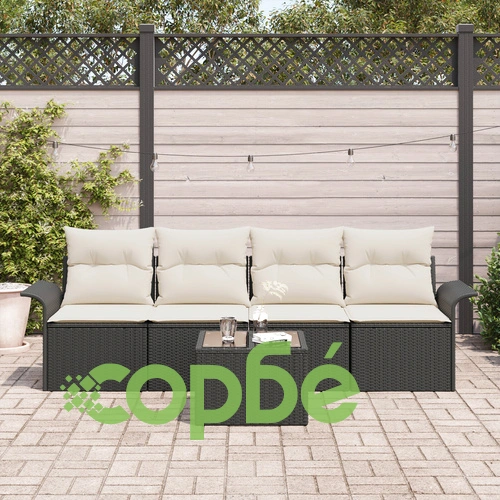 5 части градински диван сет от полиратан с възглавници - Черен ➤ топ цена ➤ sorbe.bg