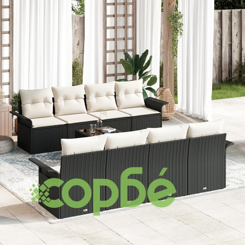 9-частен градински комплект от полиратан - диван с възглавници в черен цвят ➤ топ цена ➤ sorbe.bg