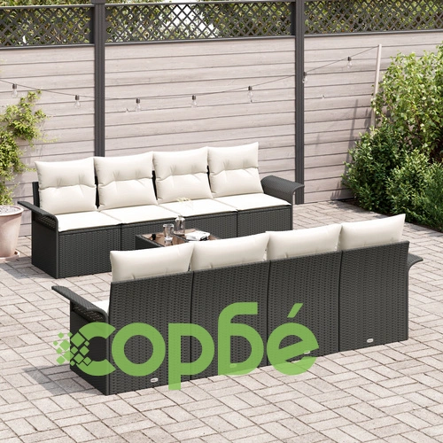 9-частен градински комплект от полиратан - диван с възглавници в черен цвят ➤ топ цена ➤ sorbe.bg
