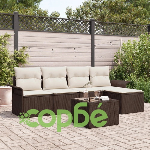 Комплект Градински Диван от 5 Части със Сиви Възглавници от Полиратан ➤ топ цена ➤ sorbe.bg