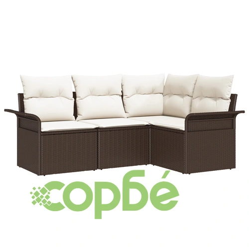 4-Членен Градински Диван Комплект от Полиратан с Възглавници - Кафяв ➤ топ цена ➤ sorbe.bg