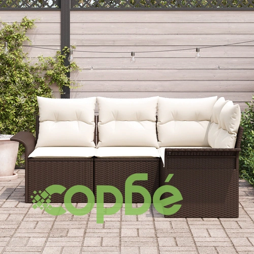 4-Членен Градински Диван Комплект от Полиратан с Възглавници - Кафяв ➤ топ цена ➤ sorbe.bg