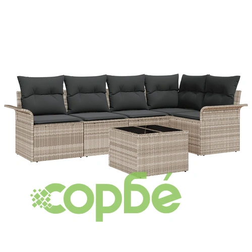 6-Частен Градински Диван Комплект от Полиротан в Сив Цвят с Възглавници ➤ топ цена ➤ sorbe.bg