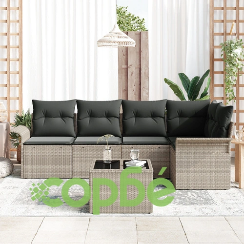 6-Частен Градински Диван Комплект от Полиротан в Сив Цвят с Възглавници ➤ топ цена ➤ sorbe.bg
