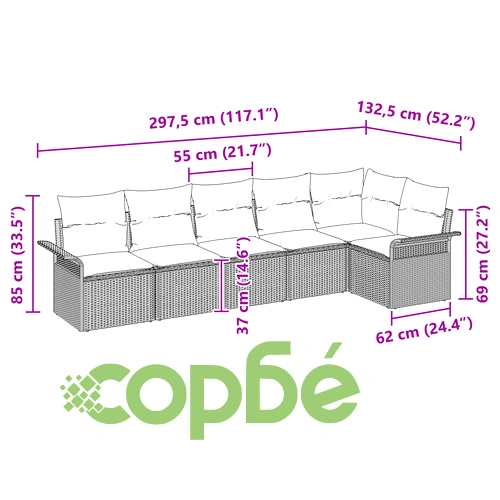 Комплект от 6 градински дивана с възглавници от сив полиратан ➤ топ цена ➤ sorbe.bg