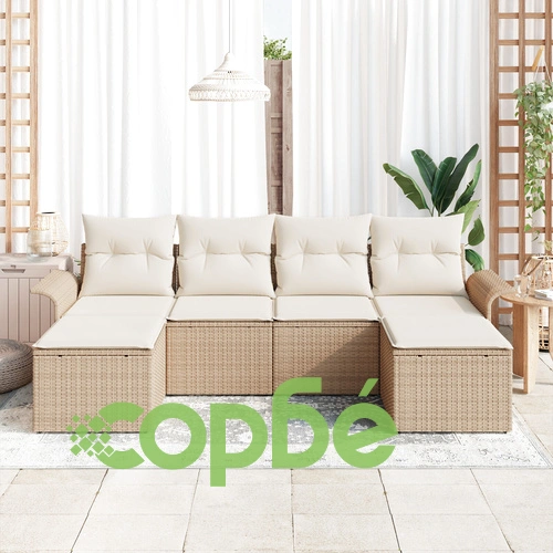 Комплект градински диван от 6 части с възглавници - бежов полиестерен ратан ➤ топ цена ➤ sorbe.bg