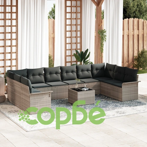 Комплект градински диван от полиратан в светлосиво с възглавници - 11 части ➤ топ цена ➤ sorbe.bg