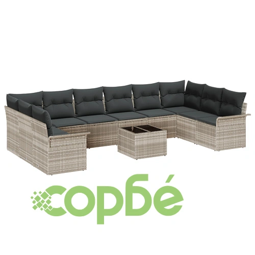 Комплект градински диван от полиратан в светлосиво с възглавници - 11 части ➤ топ цена ➤ sorbe.bg