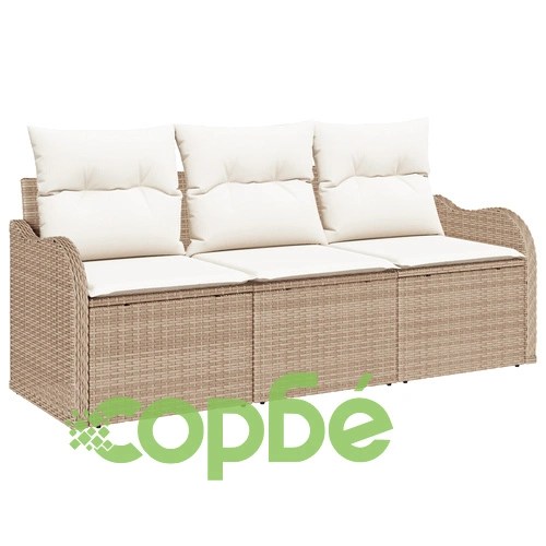Комплект градински диван от 3 части с възглавници от полиратан в бежов цвят ➤ топ цена ➤ sorbe.bg