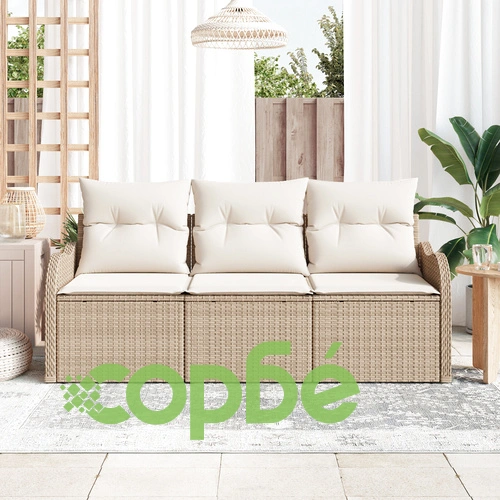 Комплект градински диван от 3 части с възглавници от полиратан в бежов цвят ➤ топ цена ➤ sorbe.bg