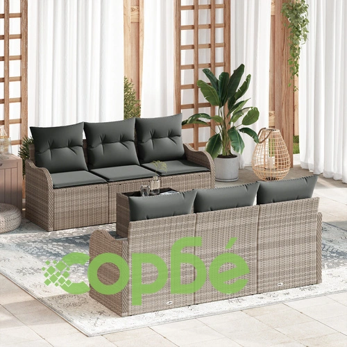 7-Членен Градински Диван Комплект от Полипропилен със Светлосив Ратан и Възглавници ➤ топ цена ➤ sorbe.bg