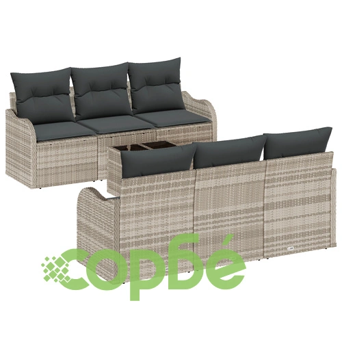 7-Членен Градински Диван Комплект от Полипропилен със Светлосив Ратан и Възглавници ➤ топ цена ➤ sorbe.bg
