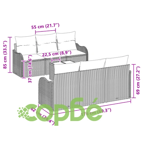 7-Членен Градински Диван Комплект от Полипропилен със Светлосив Ратан и Възглавници ➤ топ цена ➤ sorbe.bg