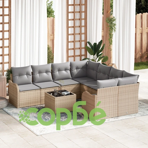 9-Частен градински диван комплект с възглавници от полиратан в бежов цвят ➤ топ цена ➤ sorbe.bg