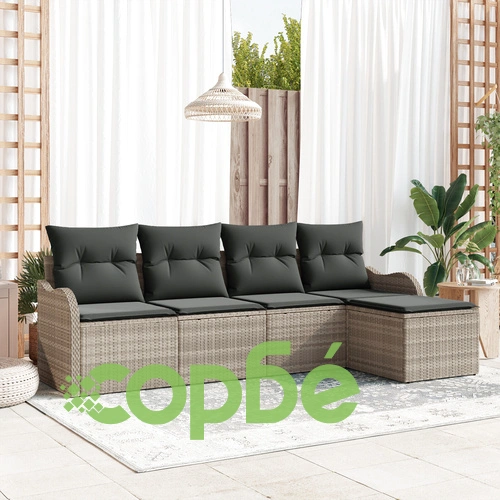 Модулен Градински Диван Комплект от 4 Части със Светлосив Полиратан и Черни Възглавници ➤ топ цена ➤ sorbe.bg