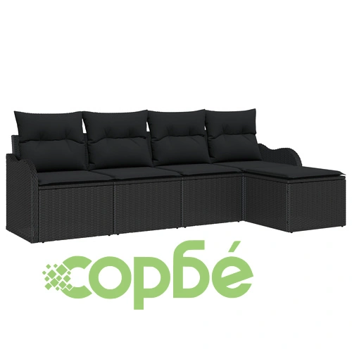 5-частен градински комплект диван с възглавници от черен полиратан ➤ топ цена ➤ sorbe.bg