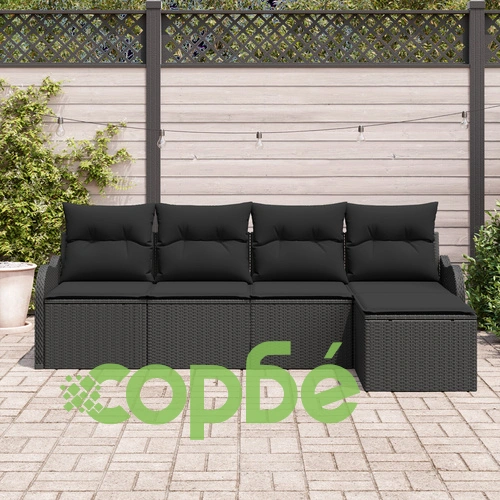 5-частен градински комплект диван с възглавници от черен полиратан ➤ топ цена ➤ sorbe.bg