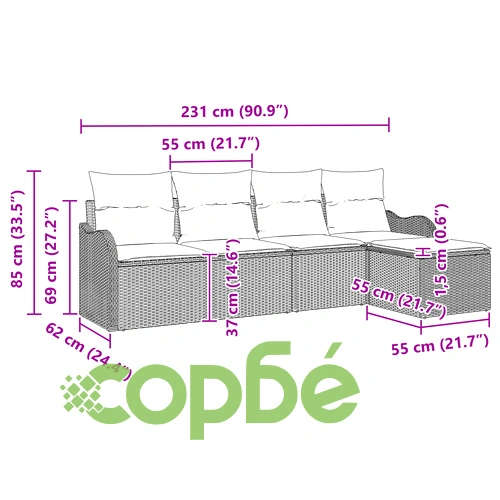 5-частен градински комплект диван с възглавници от черен полиратан ➤ топ цена ➤ sorbe.bg
