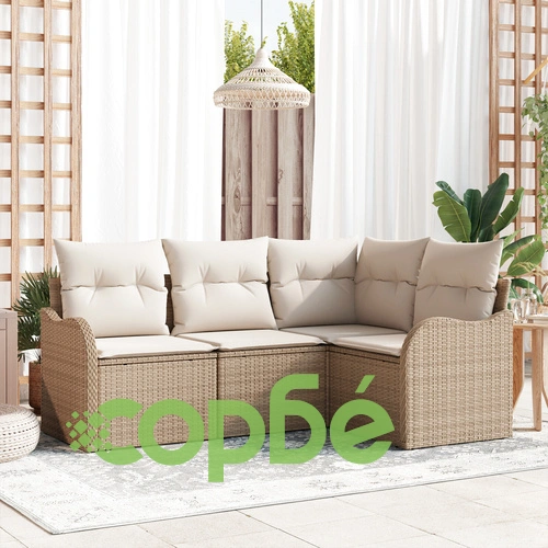 Комплект градински диван от 4 части с възглавници от полиратан в бежов цвят ➤ топ цена ➤ sorbe.bg