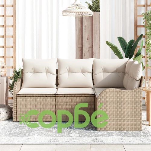 Комплект градински диван от 4 части с възглавници от полиратан в бежов цвят ➤ топ цена ➤ sorbe.bg