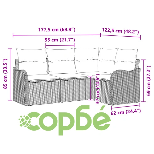 Комплект градински диван от 4 части с възглавници от полиратан в бежов цвят ➤ топ цена ➤ sorbe.bg