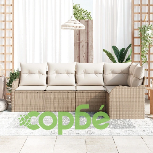 Комплект градински диван от 5 части с възглавници от бежов полиратан ➤ топ цена ➤ sorbe.bg