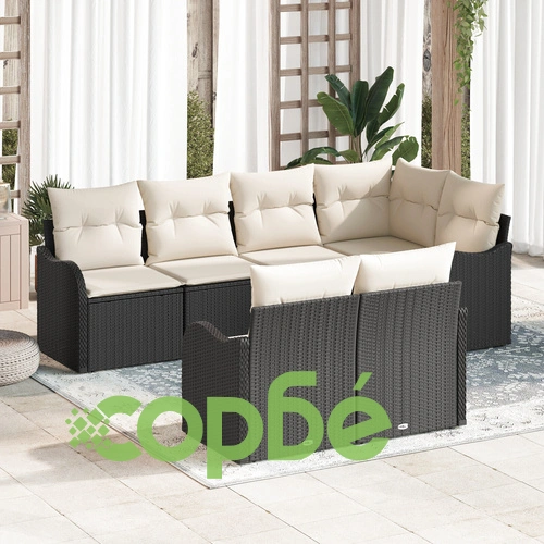 7-частов градински диван комплект с възглавници от черен поли ратан ➤ топ цена ➤ sorbe.bg