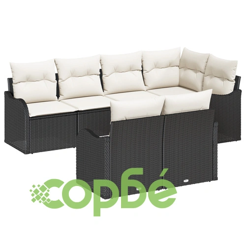 7-частов градински диван комплект с възглавници от черен поли ратан ➤ топ цена ➤ sorbe.bg