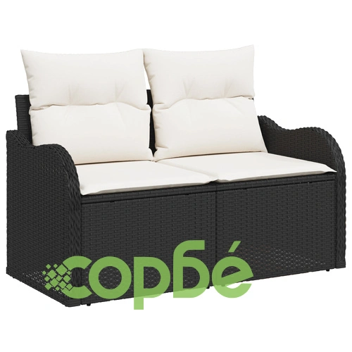 7-частов градински диван комплект с възглавници от черен поли ратан ➤ топ цена ➤ sorbe.bg