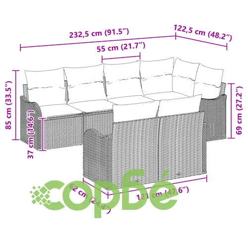 7-частов градински диван комплект с възглавници от черен поли ратан ➤ топ цена ➤ sorbe.bg