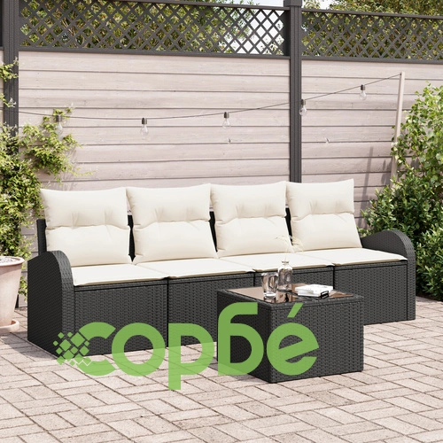 Комплект градински диван от 5 части с възглавници - черен полиратан ➤ топ цена ➤ sorbe.bg