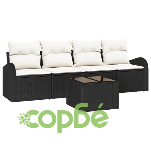 Комплект градински диван от 5 части с възглавници - черен полиратан ➤ топ цена ➤ sorbe.bg