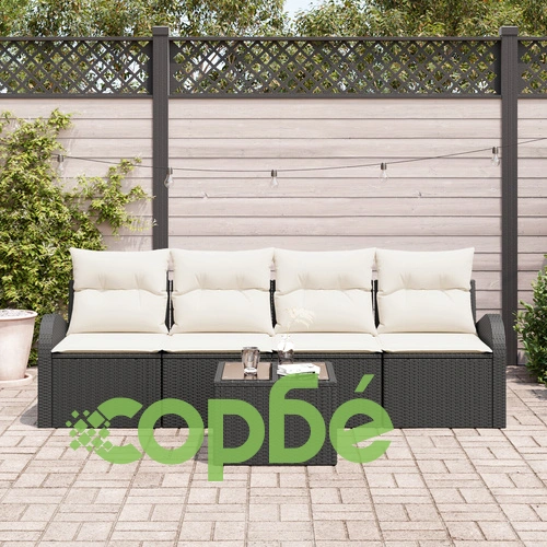 Комплект градински диван от 5 части с възглавници - черен полиратан ➤ топ цена ➤ sorbe.bg