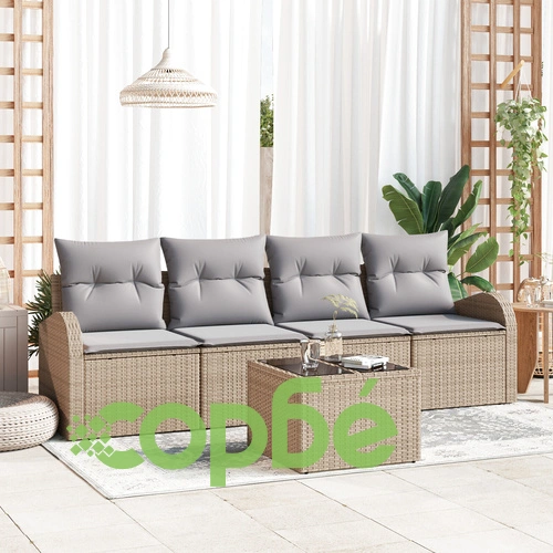 5-Часов комплект градински диван от поли ратан с възглавници - Бежов ➤ топ цена ➤ sorbe.bg