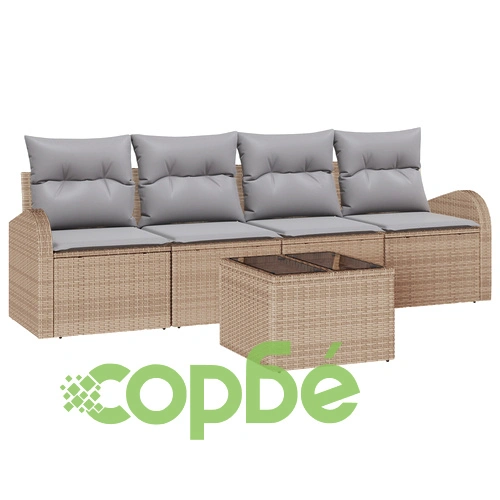 5-Часов комплект градински диван от поли ратан с възглавници - Бежов ➤ топ цена ➤ sorbe.bg