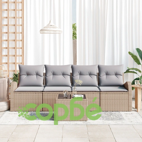 5-Часов комплект градински диван от поли ратан с възглавници - Бежов ➤ топ цена ➤ sorbe.bg