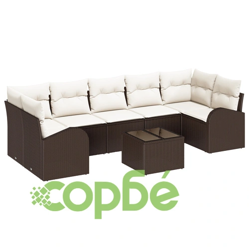 8-членен градински комплект от поли ратан - 2 ъглови седалки, 5 дивана и маса с възглавници, кафяв ➤ топ цена ➤ sorbe.bg