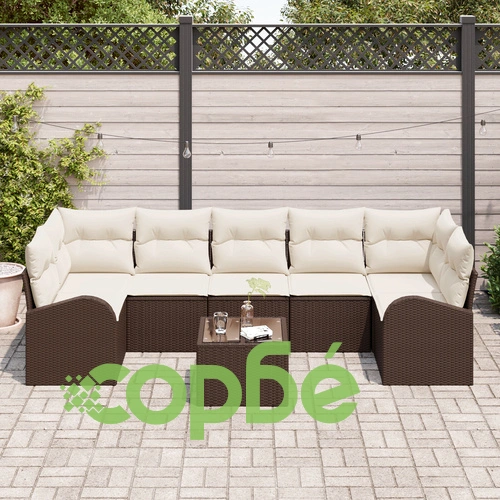8-членен градински комплект от поли ратан - 2 ъглови седалки, 5 дивана и маса с възглавници, кафяв ➤ топ цена ➤ sorbe.bg