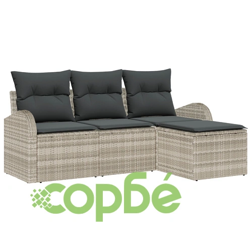 Комплект градински диван от 4 части с възглавници - Светло сив, Полиестер и Ратан ➤ топ цена ➤ sorbe.bg