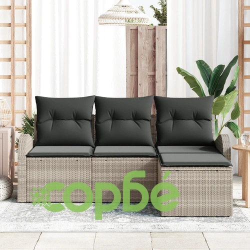 Комплект градински диван от 4 части с възглавници - Светло сив, Полиестер и Ратан ➤ топ цена ➤ sorbe.bg