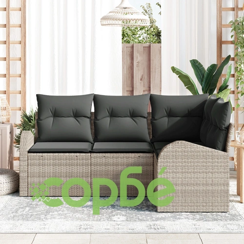 4-Частен Градински Комплект Диван от Полипропиленов Ратан със Светлосиви Възглавници ➤ топ цена ➤ sorbe.bg