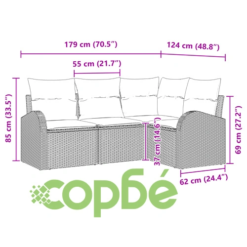 4-Частен Градински Комплект Диван от Полипропиленов Ратан със Светлосиви Възглавници ➤ топ цена ➤ sorbe.bg