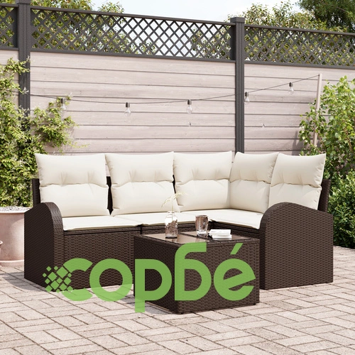 4 Часов Градински Диван Комплект с Възглавници от Сив Поли Ратан - 5 Елемента ➤ топ цена ➤ sorbe.bg