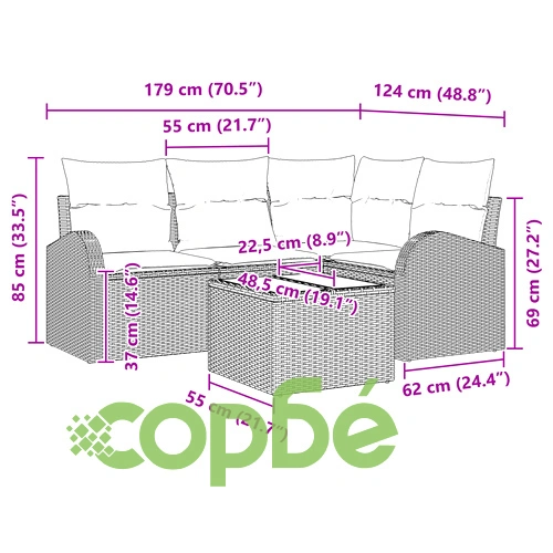 4 Часов Градински Диван Комплект с Възглавници от Сив Поли Ратан - 5 Елемента ➤ топ цена ➤ sorbe.bg