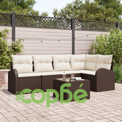 5 Части Градински Диван Комплект от Полиратан със Сиви Възглавници - Устойчив на UV ➤ топ цена ➤ sorbe.bg