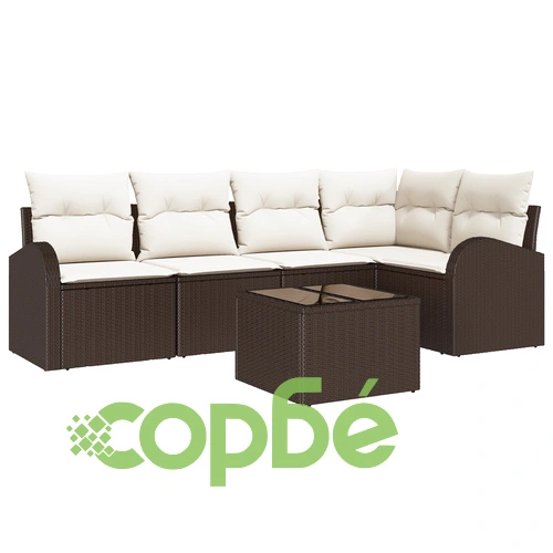 5 Части Градински Диван Комплект от Полиратан със Сиви Възглавници - Устойчив на UV ➤ топ цена ➤ sorbe.bg