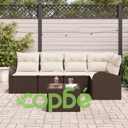 5 Части Градински Диван Комплект от Полиратан със Сиви Възглавници - Устойчив на UV ➤ топ цена ➤ sorbe.bg