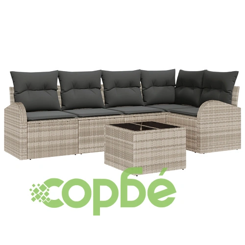 6 части градински диван комплект от синтетичен ратан със сиви възглавници ➤ топ цена ➤ sorbe.bg