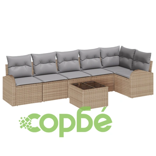 7-частен комплект градински диван от поли ратан с възглавници, черен ➤ топ цена ➤ sorbe.bg