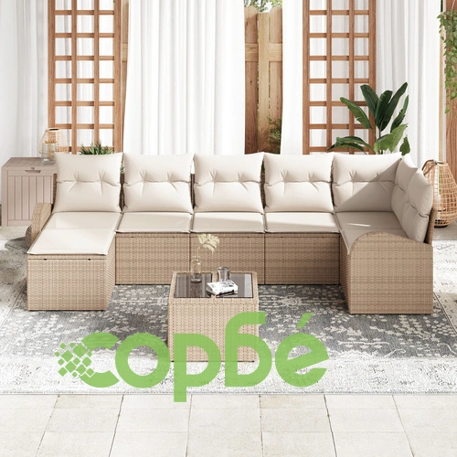 8-Часов Градински Комплект от Полиратан с Възглавници - Кафяв, 7 Места ➤ топ цена ➤ sorbe.bg